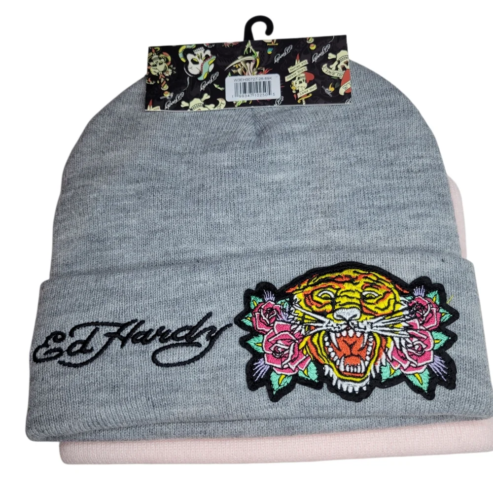 Ed Hardy Beanies Hats Gray & Pink Brand New, Never Worn 2 Beanies - Picture 2 of 5